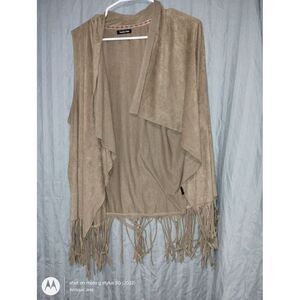 Kandy Kiss Faux Suede Fringe Vest Open Front Laser Cut Out Tan Womens Sz 1xl